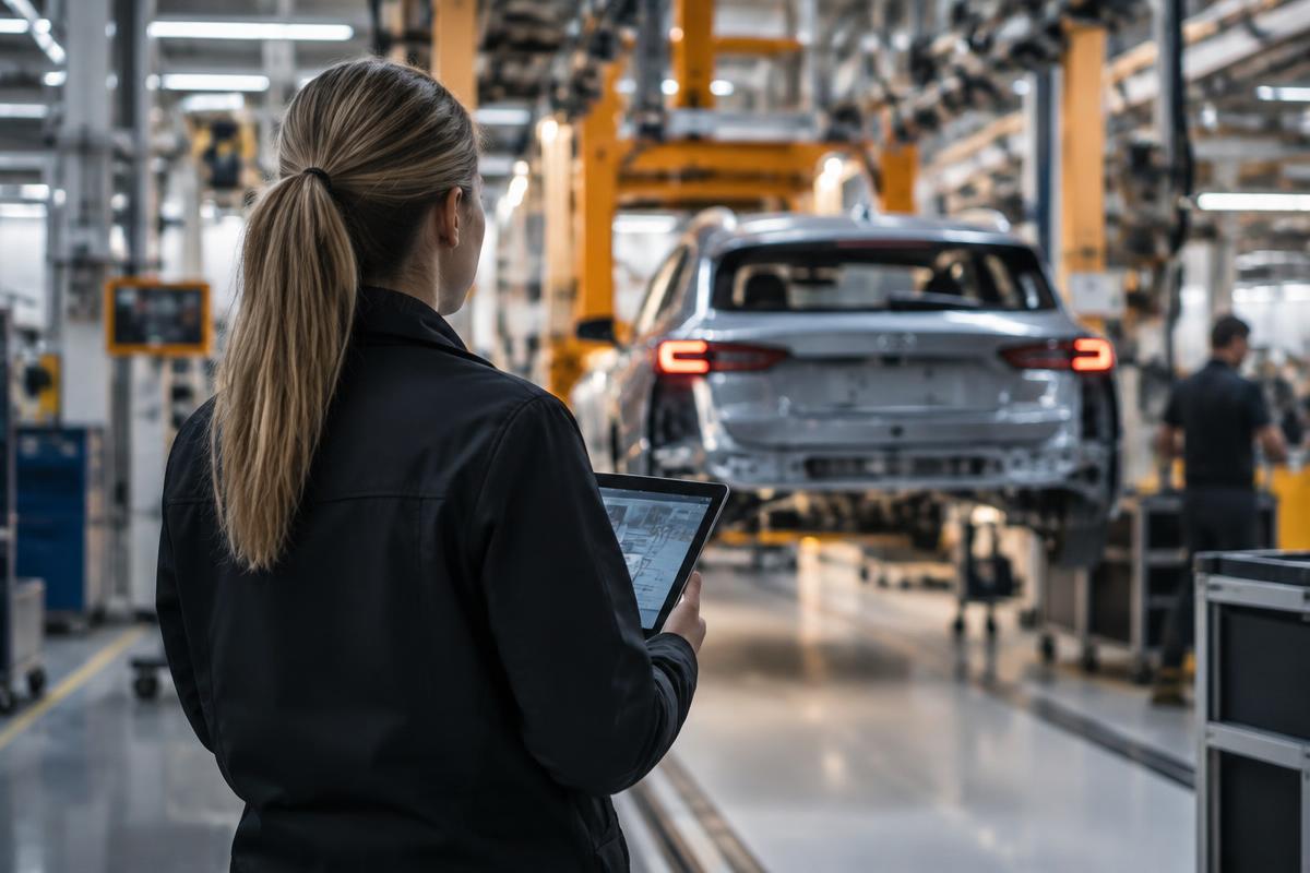 Engineer using a tablet in an automotive factory